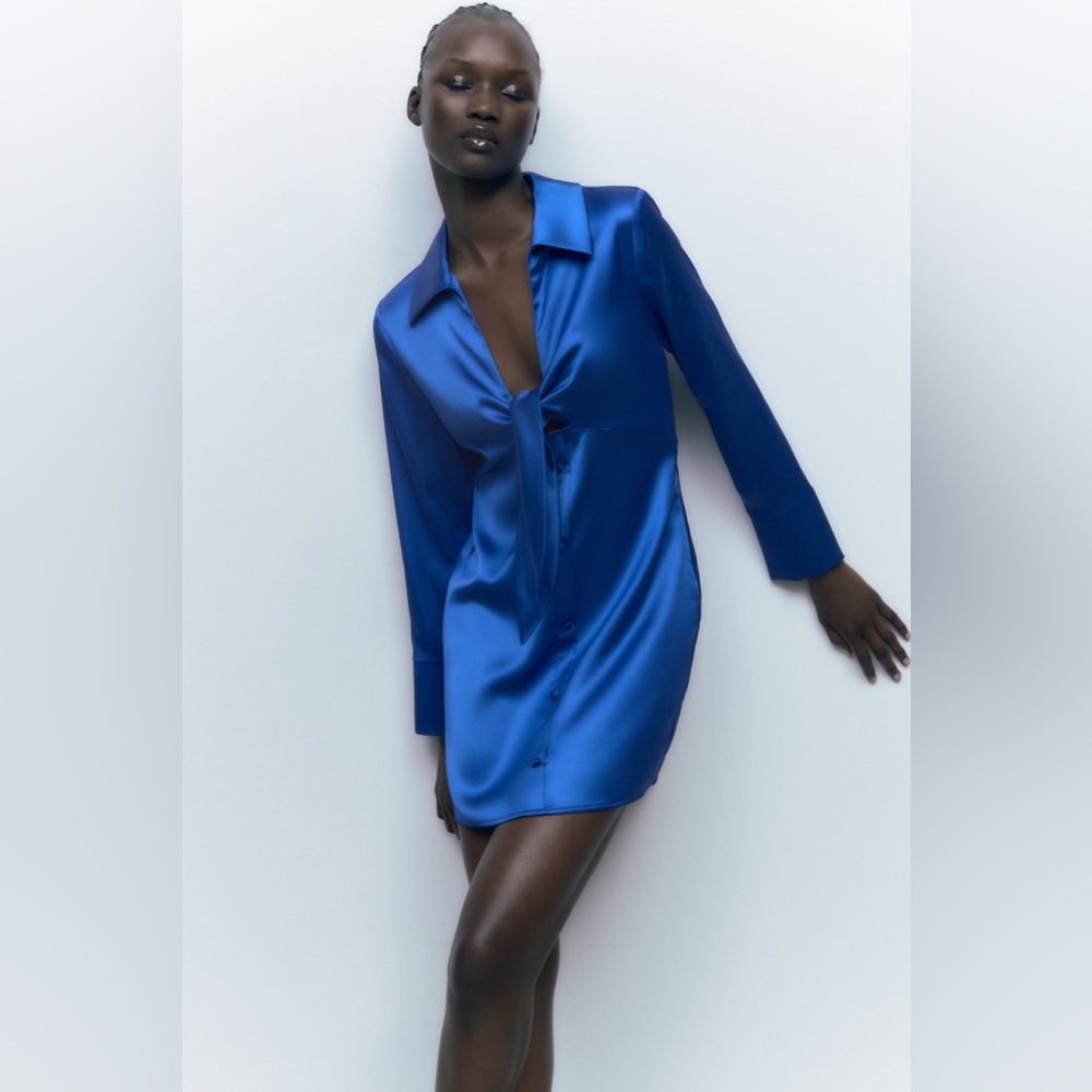 Zara Blue Satin Effect Long Sleeve Knotted Dress Lapel Collar